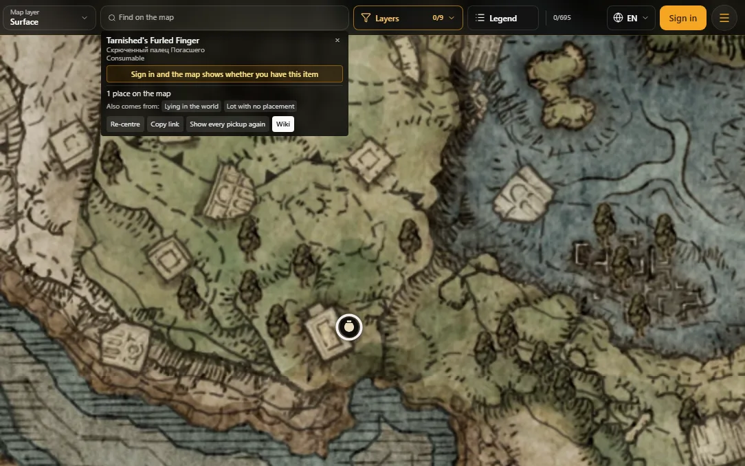 The site map: the item card for «Tarnished's Furled Finger» open, with its spot on the map