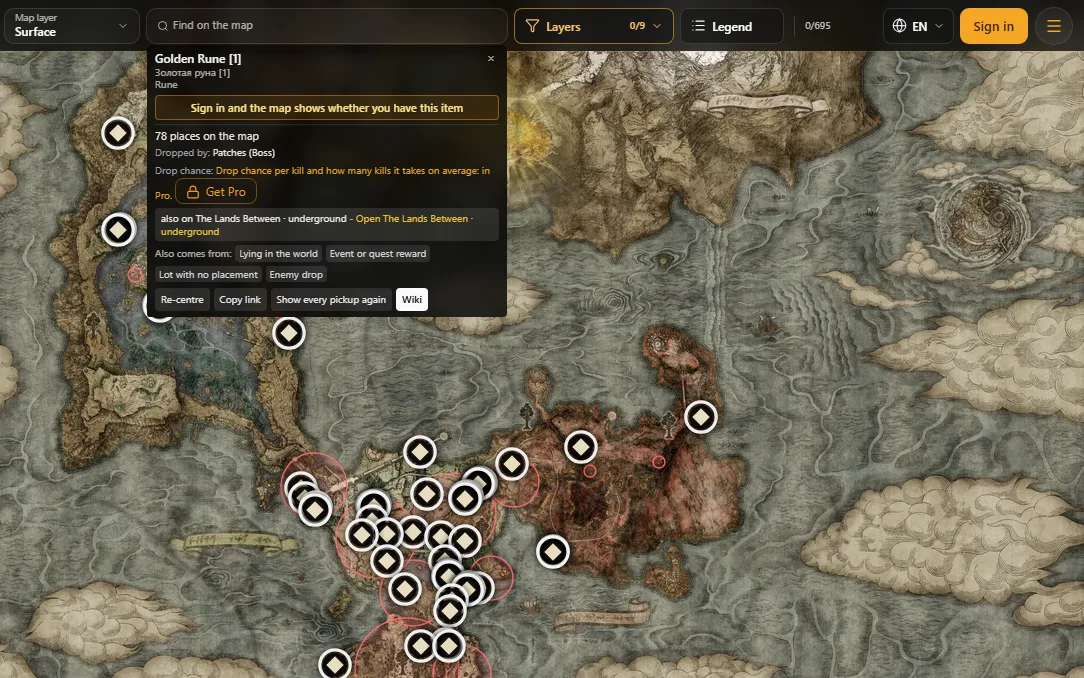 The site map with the «Golden Rune [1]» item card open, showing how many spots it has