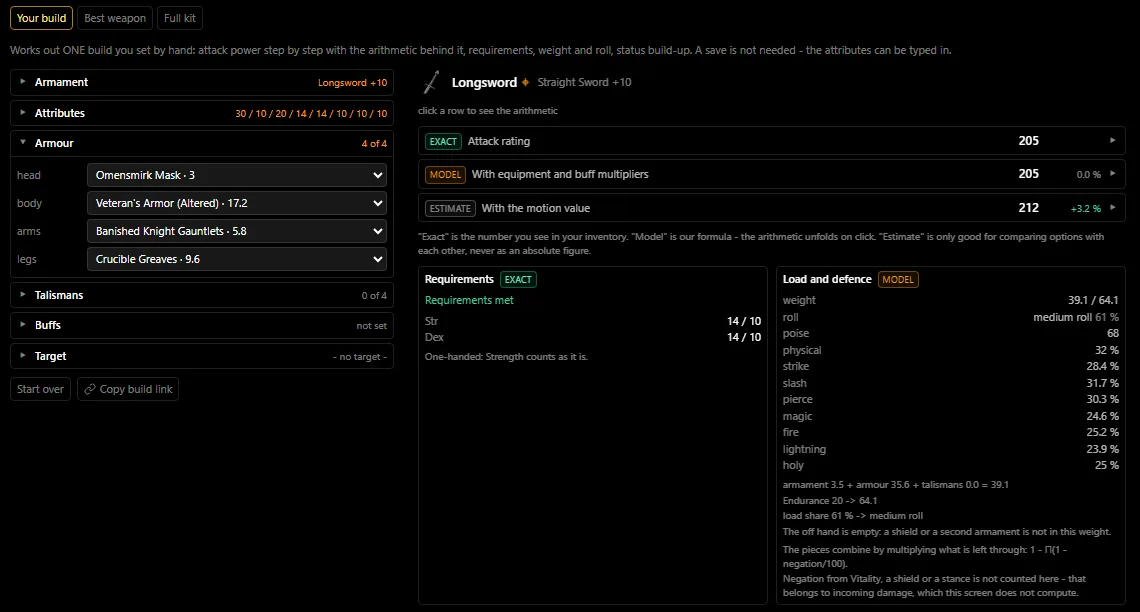 The build lab: the Load and defence block with the equip weight and the kind of roll