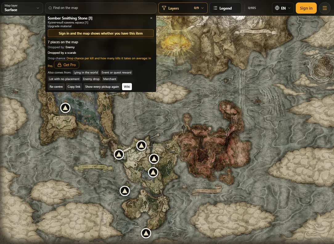 The site map: «Somber Smithing Stone [1]» found, the item card open, its spots on the map