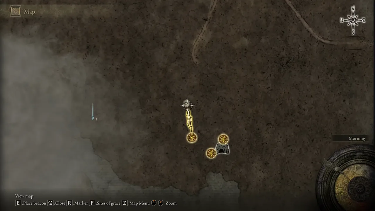 The in-game map almost entirely under grey fog, with only a narrow strip near the start visible