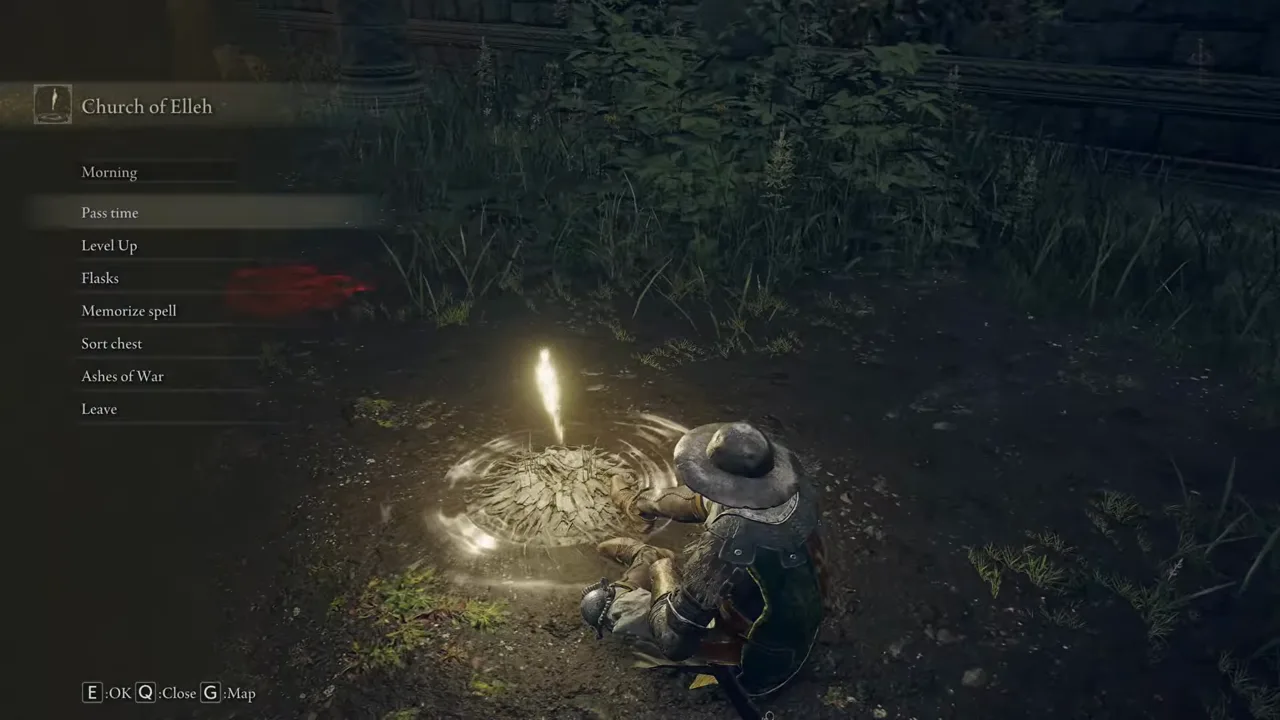 A character sits at the Site of Grace by the Church of Elleh, with the grace menu open on the left