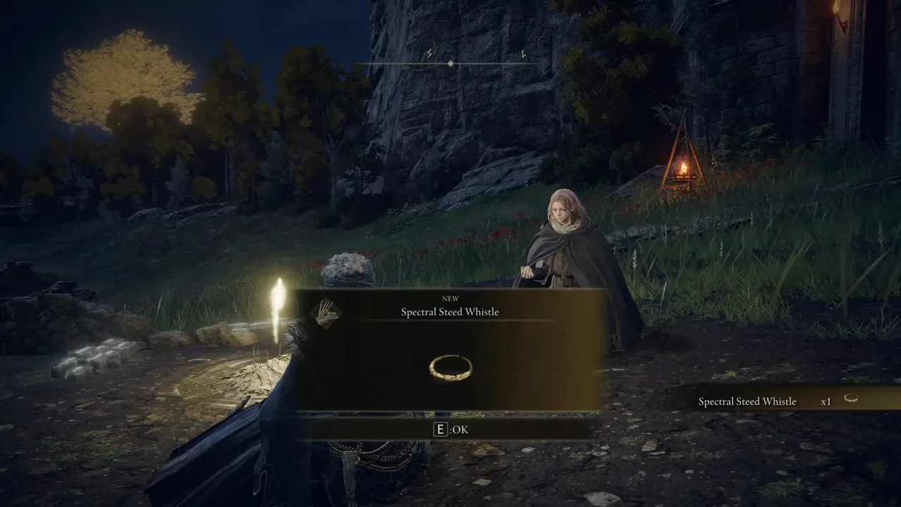 Melina sits by a Site of Grace at night, with the notice for the Spectral Steed Whistle on screen