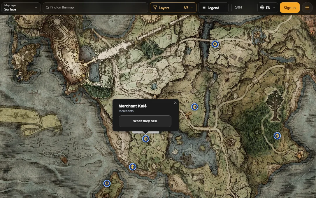 The site map over Limgrave with the Merchants layer on and Merchant Kalé's card open at the Church of Elleh