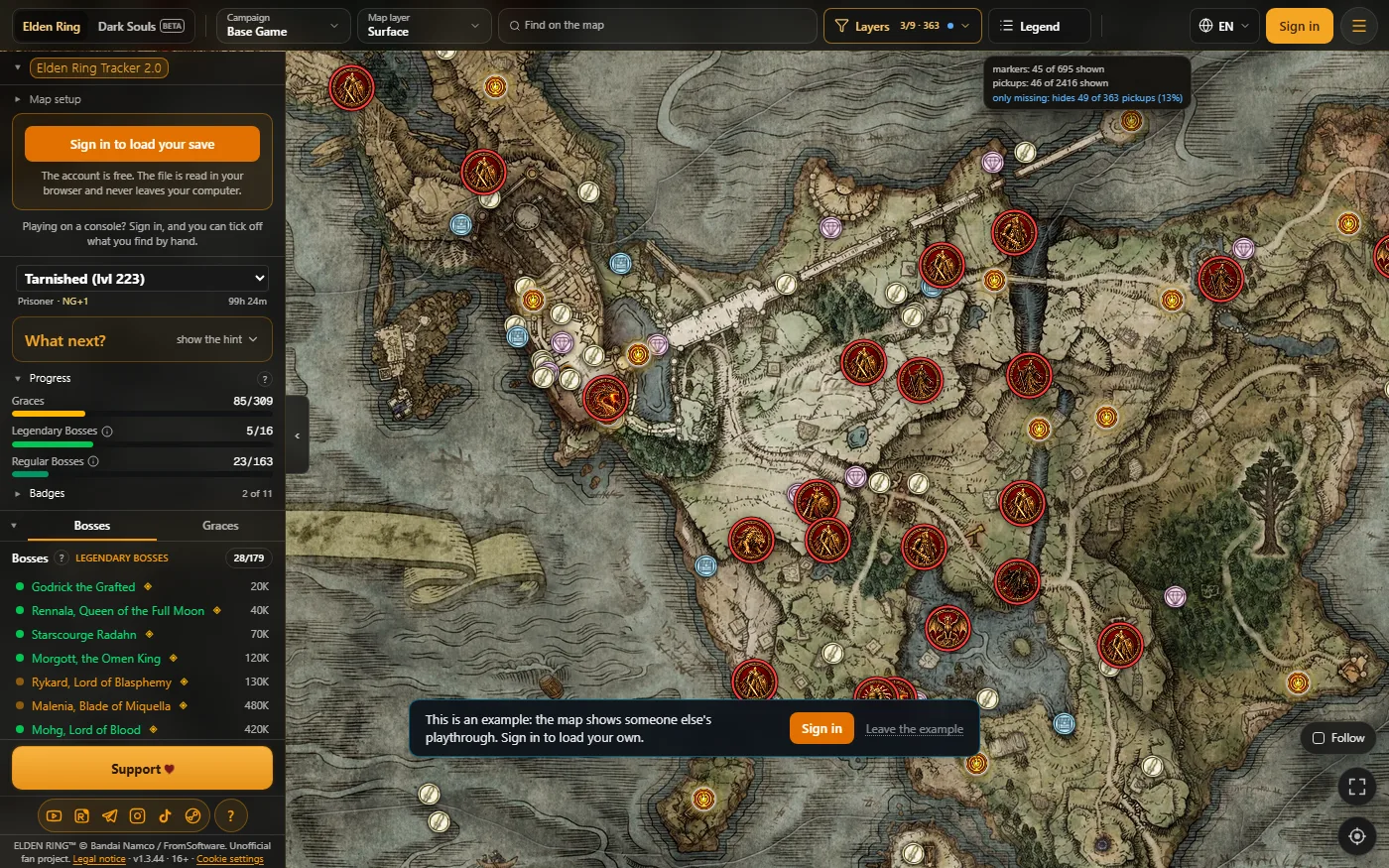 The map with an example save and «Missing only» on: finished places hidden, only unfound markers left
