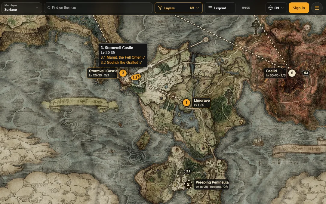 The Limgrave map with the Progression order layer on: dashed steps and labels with level ranges