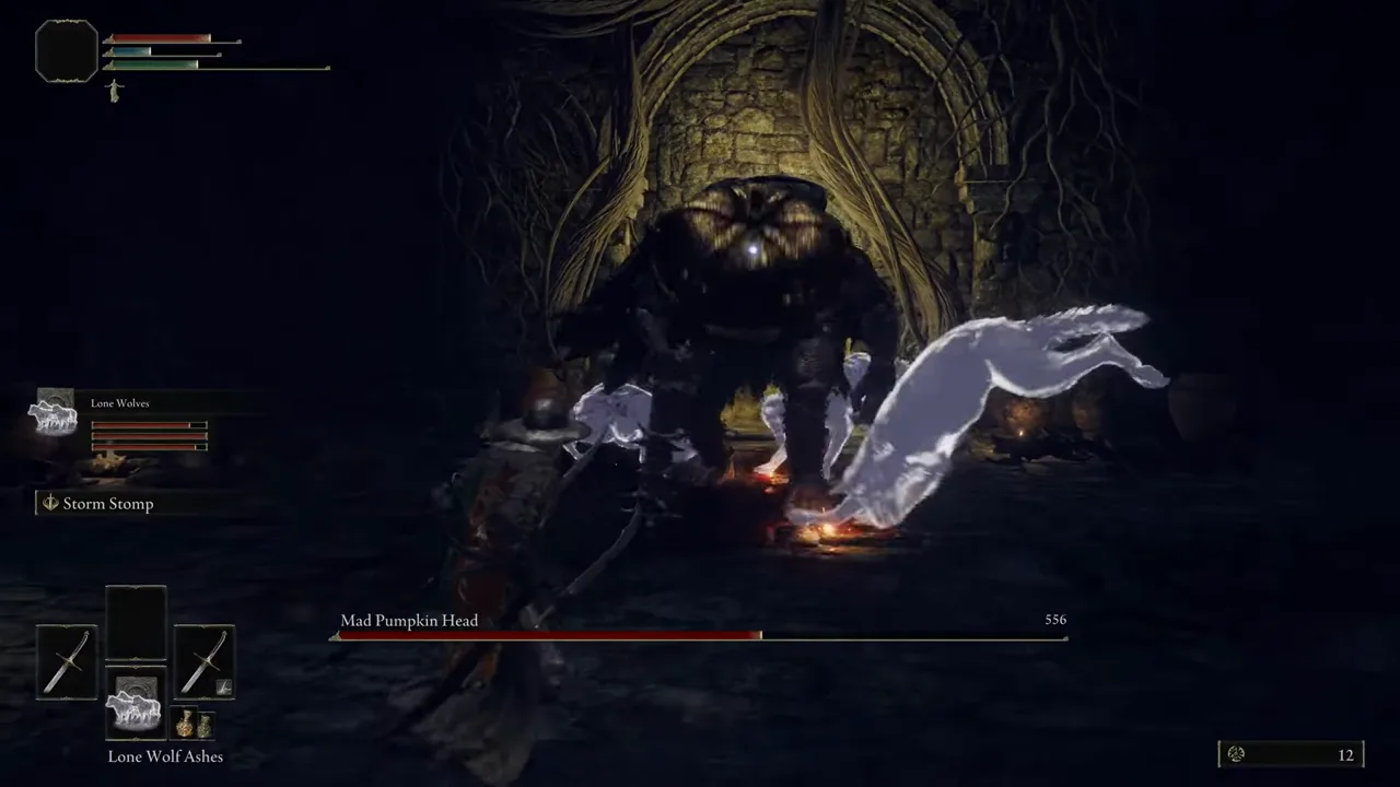 Three spectral wolves attack a boss in a cramped underground room