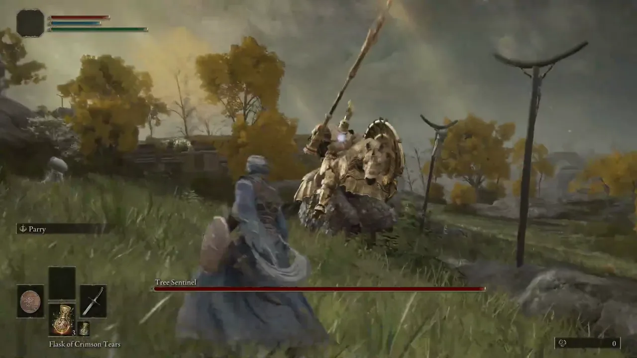 The mounted Tree Sentinel in golden armor attacks the player on a Limgrave field, with the boss health bar at the bottom