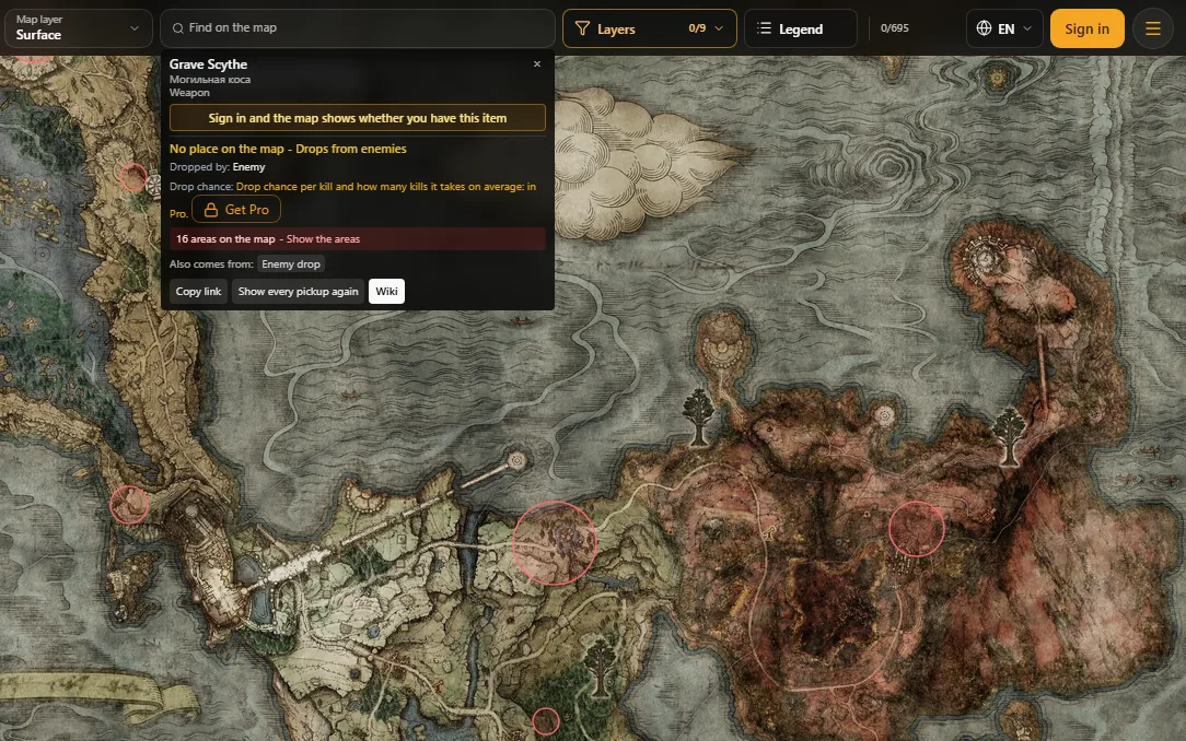 The site map: the «Grave Scythe» card with «Show areas» on, and circles on the map where the enemies roam