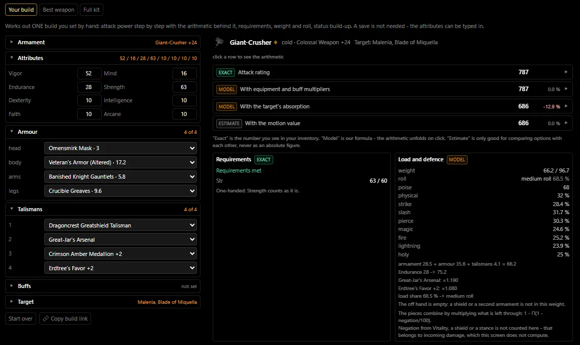 The build lab, Your build: Cold Giant-Crusher +24, build A stats, 68.5% equip load and a medium roll