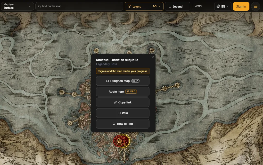 The site map over Miquella's Haligtree with the boss card «Malenia, Blade of Miquella» open