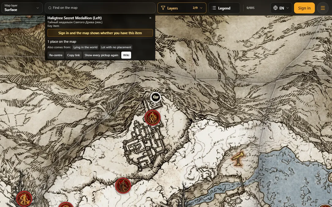 The site map: the item card for «Haligtree Secret Medallion (Left)» and its spot in Castle Sol